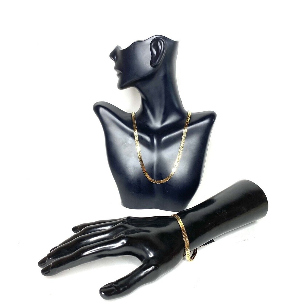 Vintage Trifari Herringbone Chain Necklace Bracelet Shiny Gold Tone Jewlery Set